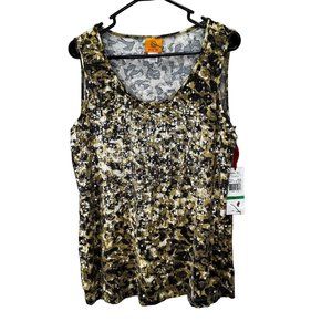 Ruby Rd Sleeveless Knit Top size L Sequin Brown Mustard Tan Granite Print NWT
